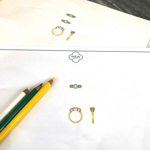 Emerald and Diamond Rubover Ring sketch