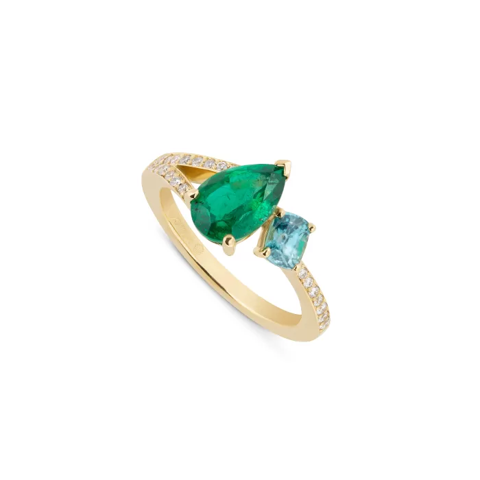 Toi et Moi Engagement ring set with a pear cut Emerald and a cushion cut blue zircon.