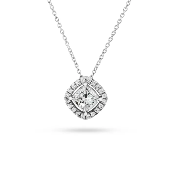 Cushion Cut Diamond Halo Pendant in Platinum with Chain