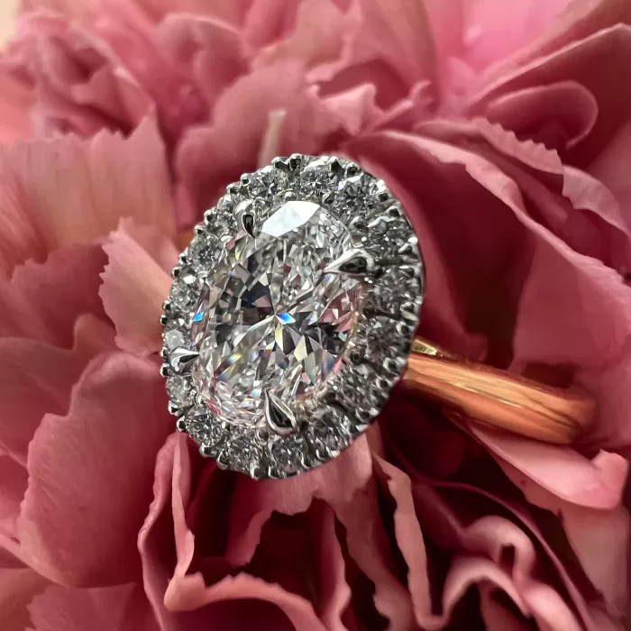 Close-up photo of an oval diamond halo engagement ring set in platinum and rose gold, photographed on soft pink petals to highlight the sparkle and craftsmanship.