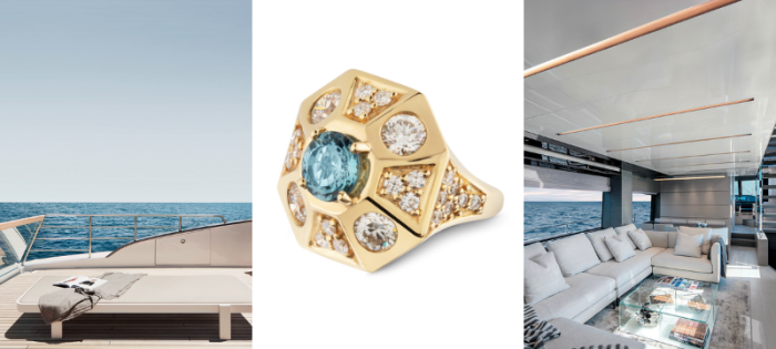 Sanlorenzo motor yacht interiors and bespoke ring with aquamarine and diamonds
