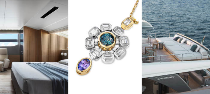 Motor yacht luxury bedroom and decking with bespoke pendant by W&W Jewellery