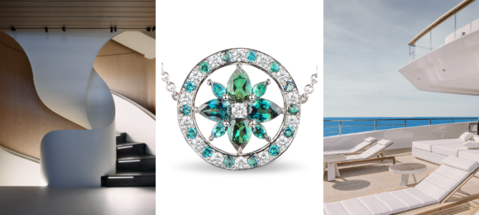 Spiral staircase and deck on board a motor yacht and bespoke pendant