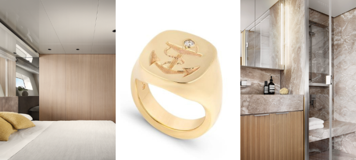 Luxury Yacht Interior and gold signet ring with anchor emblem