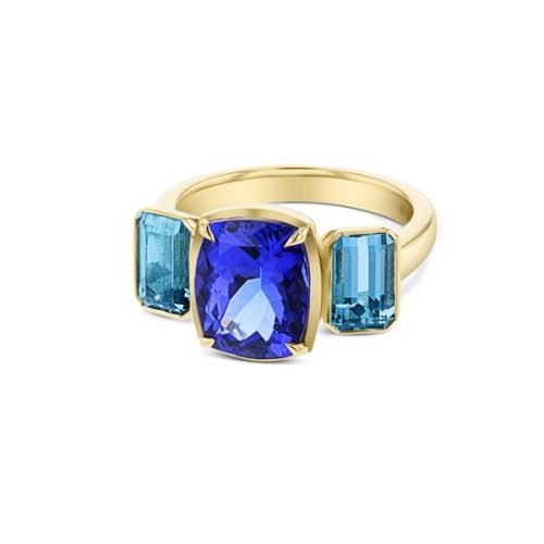 Cushion Cut Tanzanite & Baguette Cut Aquamarine Three Stone Ring