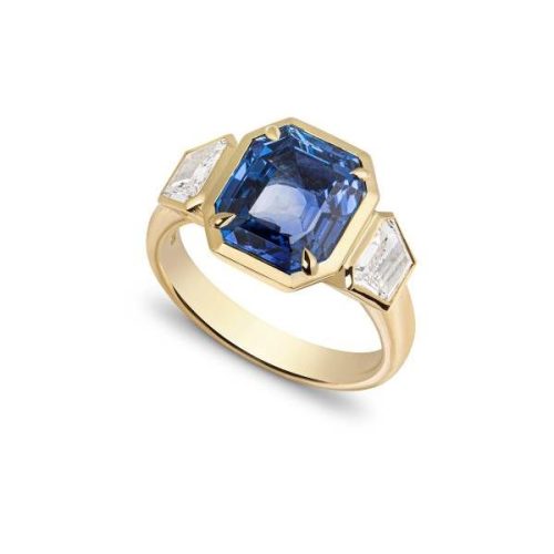 Octagonal Sapphire & Trapezoid Diamond Three Stone Ring