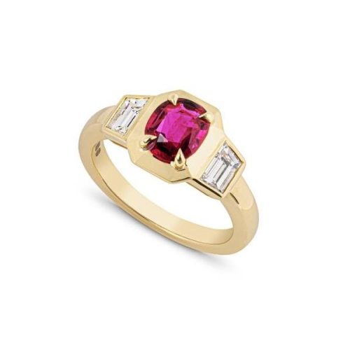Oval Ruby & Trapezoid Cut Diamond Three Stone Ring