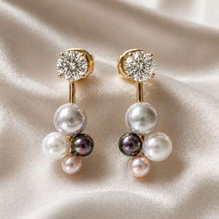 Diamond Studs with yellow gold bespoke pearl earring drops on a silk background