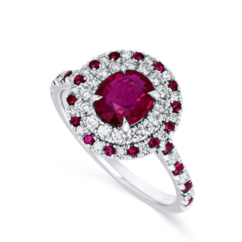 Double halo ruby and diamond ring