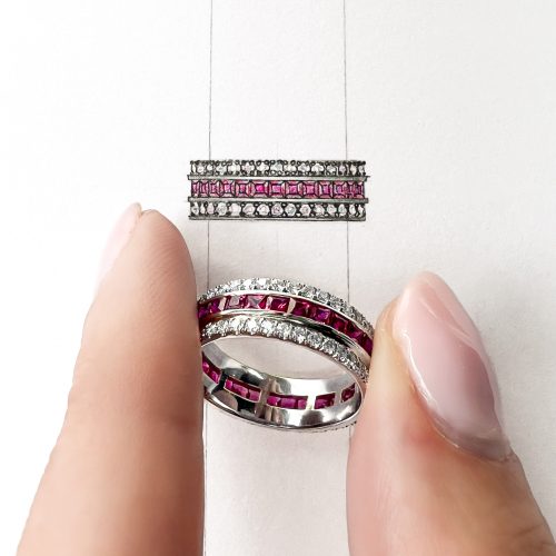 Ruby and Dia Ring Front on fingers with Design