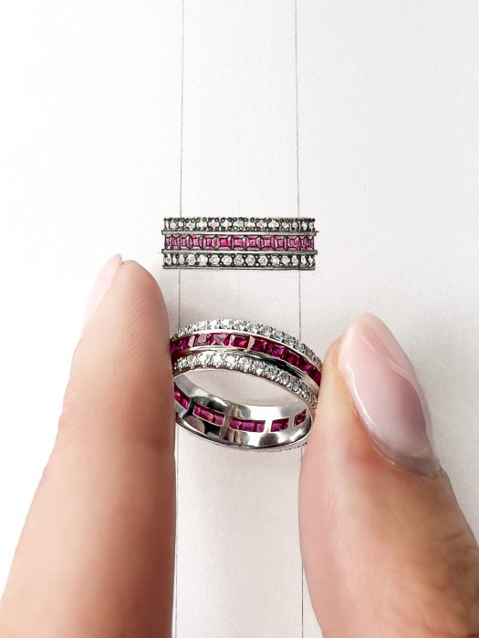 Diamond and ruby custom made wedding ring with sketch