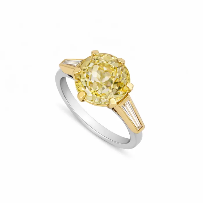 Yellow Sapphire and Tapered Baguette Diamond Three Stone Engagement Ring