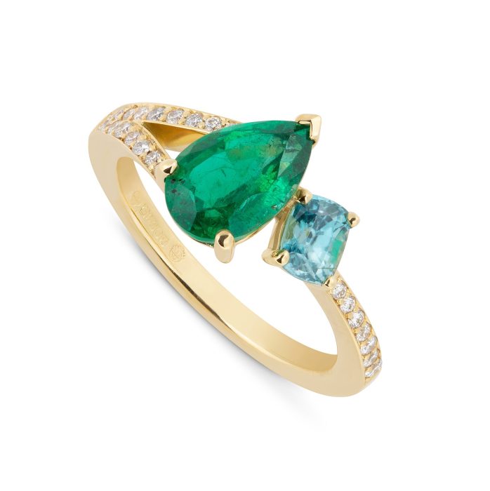 Unique blue zircon and emerald toi et moi engagement ring by W&W Jewellery