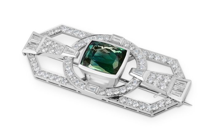 Custom diamond and tourmaline brooch by W&W Jewellery