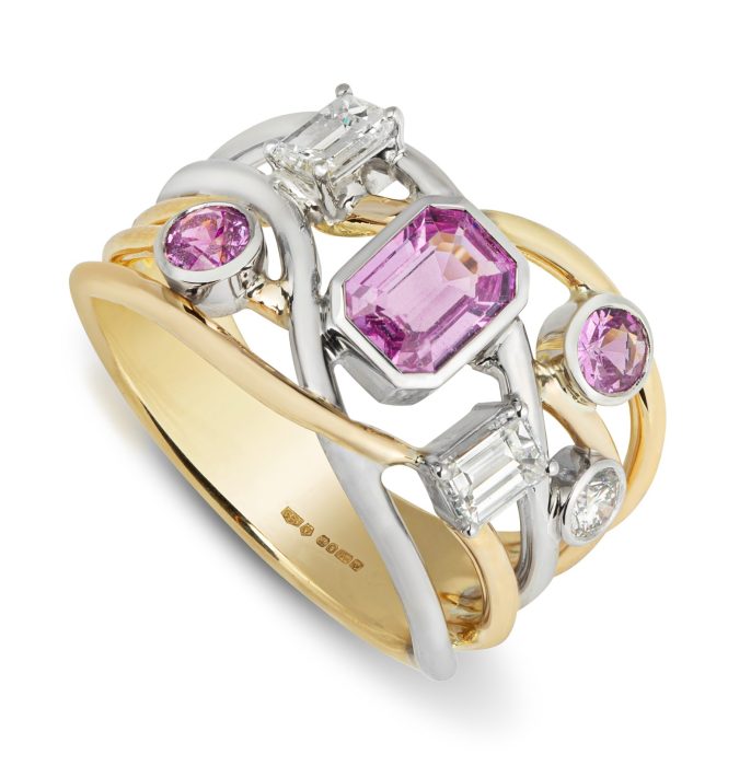 Bespoke pink sapphire and diamond mixed metal ring. 