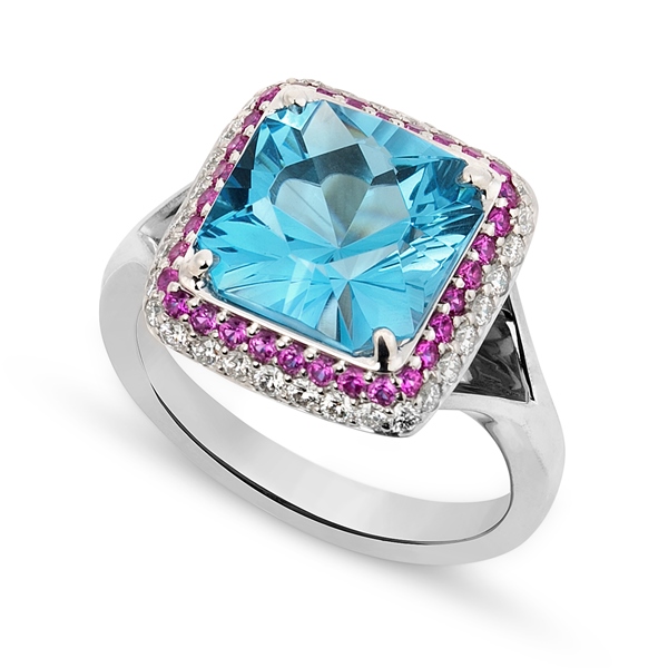 Bespoke pink sapphire, topaz and diamond ring by Clapham bespoke jeweller W&W Jewellery