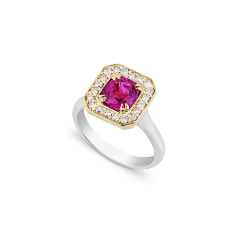 Bespoke pink sapphire ring with diamond halo