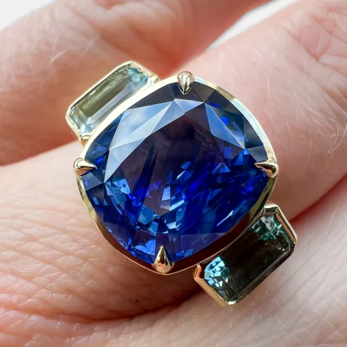 Sapphire and Aquamarine Bespoke Three Stone Ring