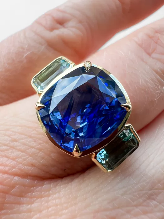 Sapphire and Aquamarine Bespoke Three Stone Ring