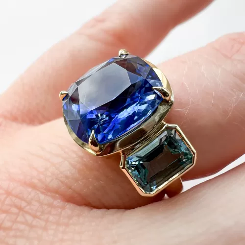 Sapphire and Aquamarine Bespoke Three Stone Ring