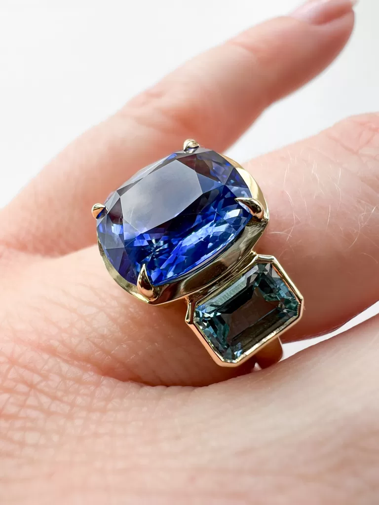 Sapphire and Aquamarine Bespoke Three Stone Ring