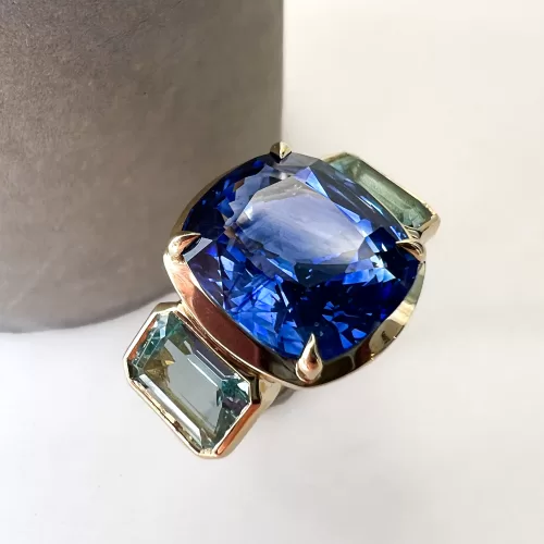 Sapphire and Aquamarine Bespoke Three Stone Ring