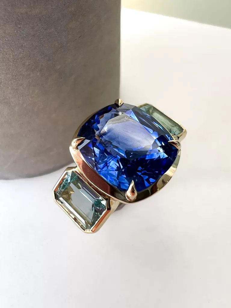 Sapphire and Aquamarine Bespoke Three Stone Ring