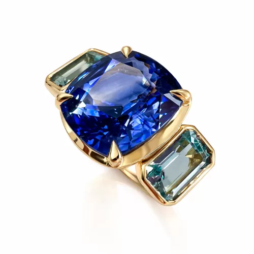 Sapphire and Aquamarine Three Stone Ring