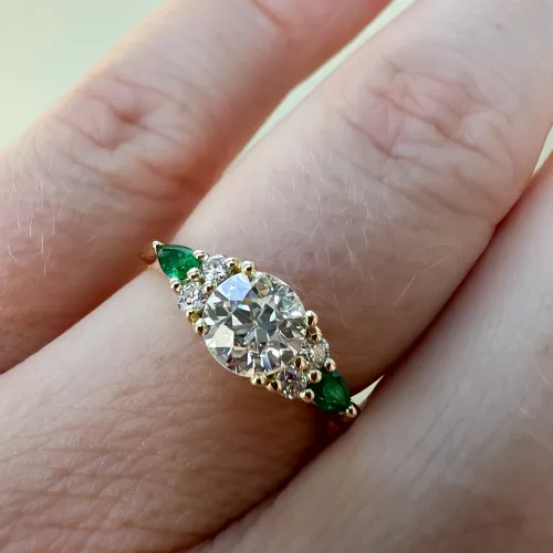 Old Cut Diamond Emerald Trefoil Engagement Ring