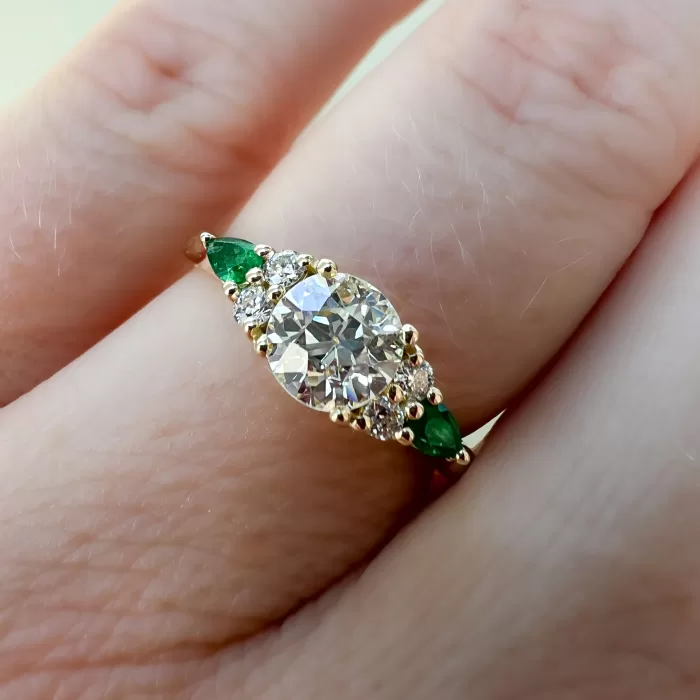 Old Cut Diamond and Emerald Custom Engagement Ring