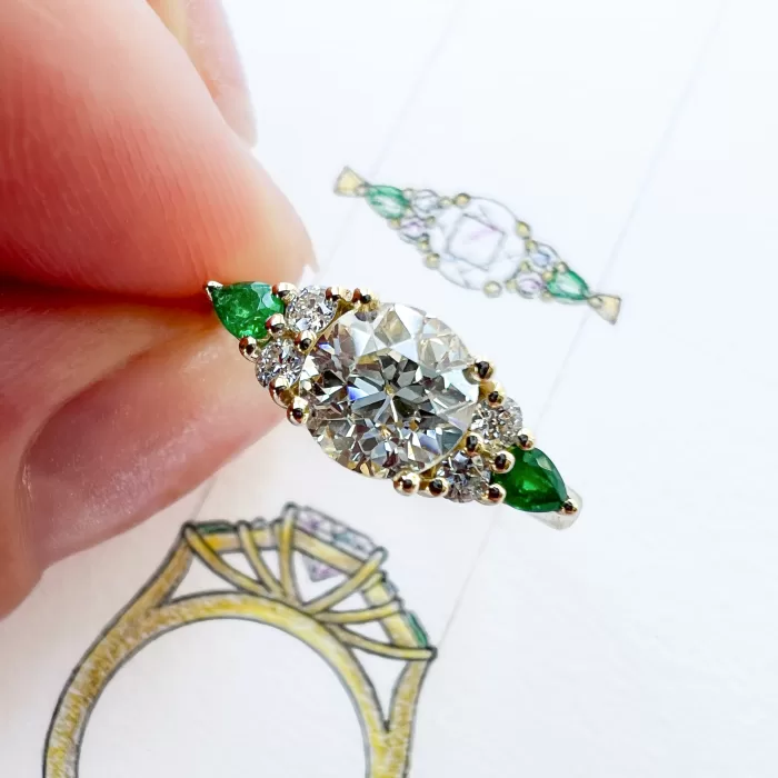 Old Cut Diamond and Emerald Custom Engagement Ring and Sketches