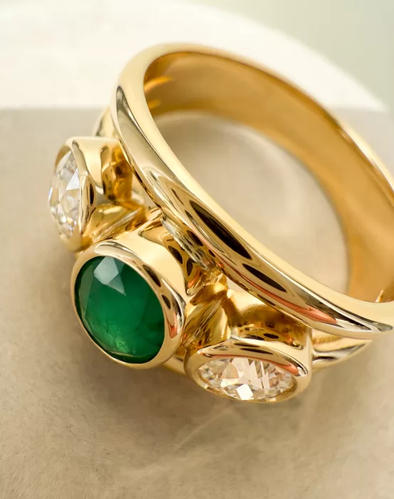 Emerald and Diamond Custom Three-Band Engagement Ring top view