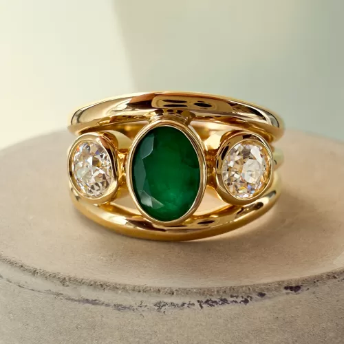 Emerald and Diamond Custom Three-Band Engagement Ring
