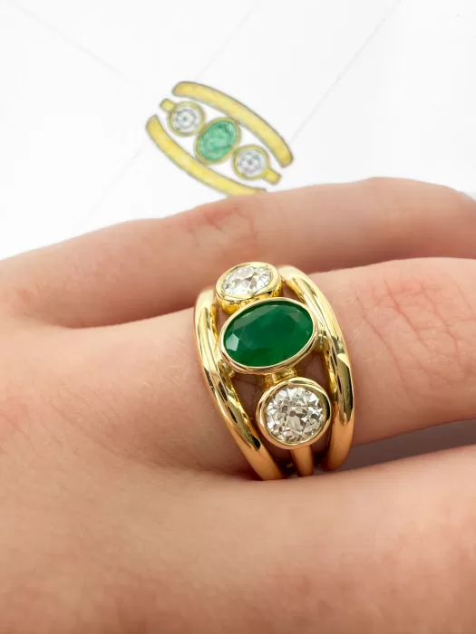 Emerald and Diamond Custom Three-Band Engagement Ring
