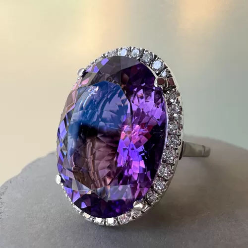 Custom Amethyst and Diamond Halo Dress Ring