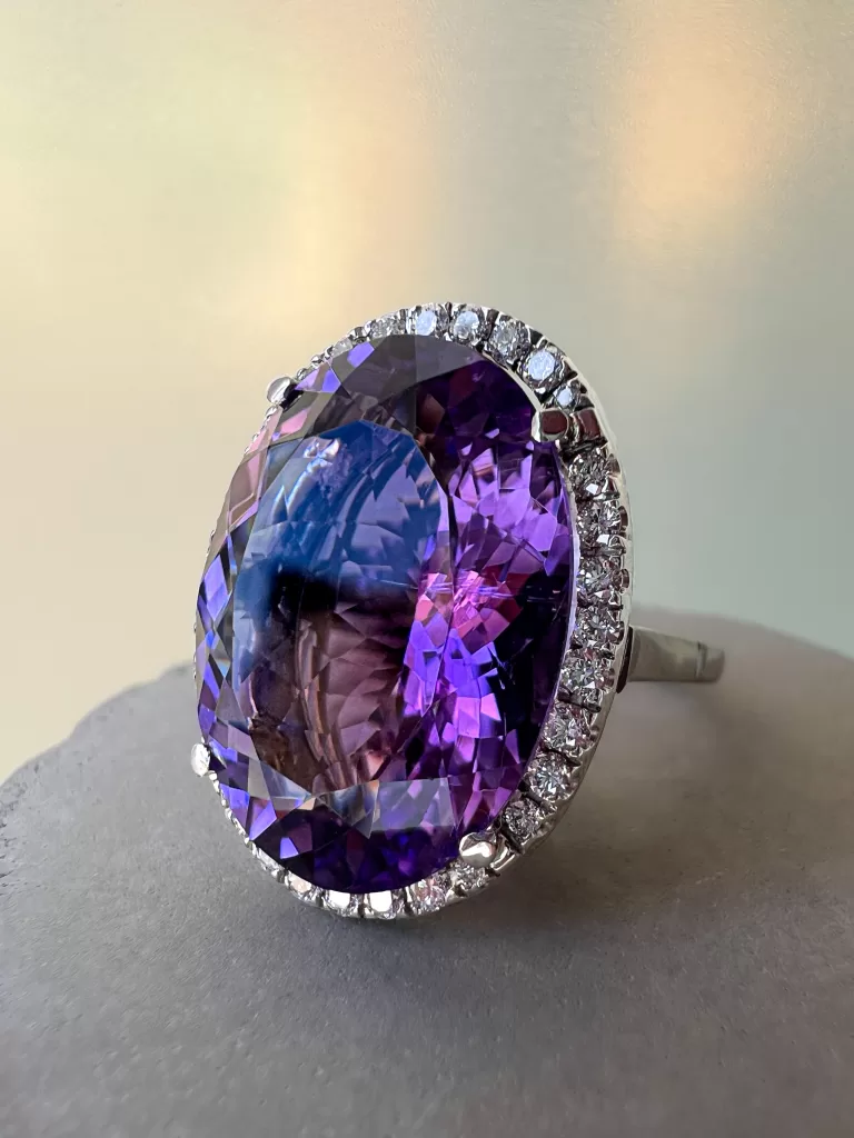 Custom Amethyst and Diamond Halo Dress Ring