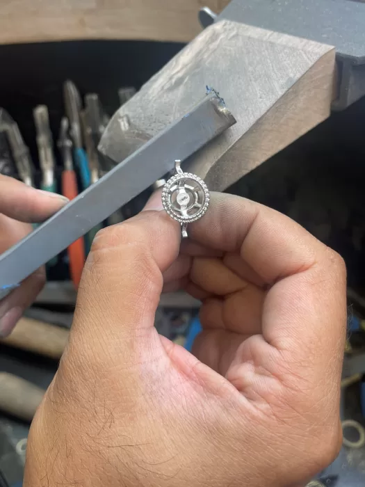 Bespoke Pearl and Diamond Halo Dress Ring in workshop