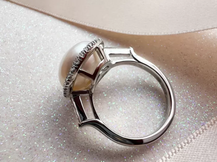 Bespoke Pearl and Diamond Halo Dress Ring side view