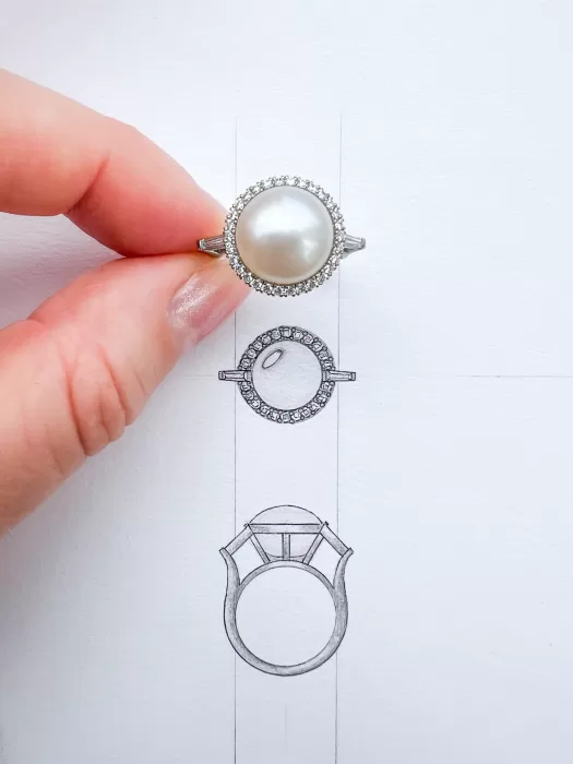 Bespoke Pearl and Diamond Halo Dress Ring with sketch