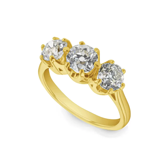 Custom Old Cut Diamond Three-Stone Ring pro shot