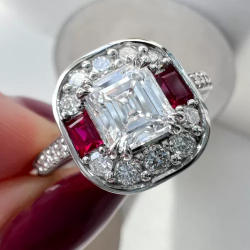 Custom Asscher Cut Diamond and Ruby Cluster Ring