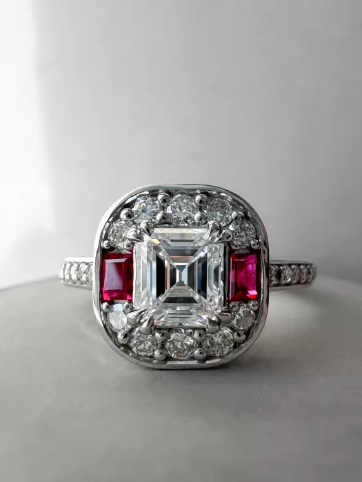 Custom Asscher Cut Diamond and Ruby Cluster Ring