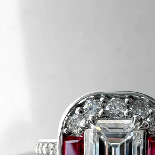Custom Asscher Cut Diamond and Ruby Cluster Ring