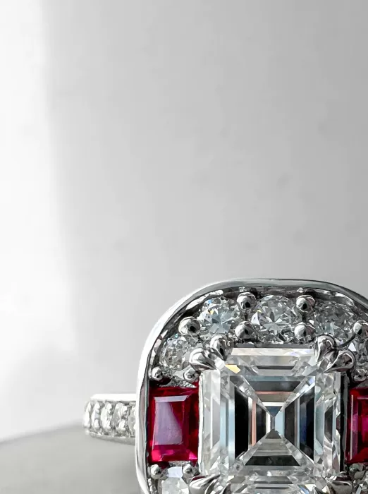 Custom Asscher Cut Diamond and Ruby Cluster Ring