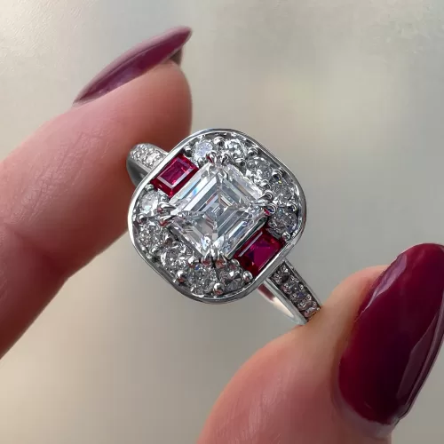 Custom Asscher Cut Diamond and Ruby Cluster Ring