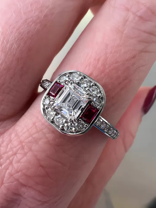 Custom Asscher Cut Diamond and Ruby Cluster Ring worn on finger