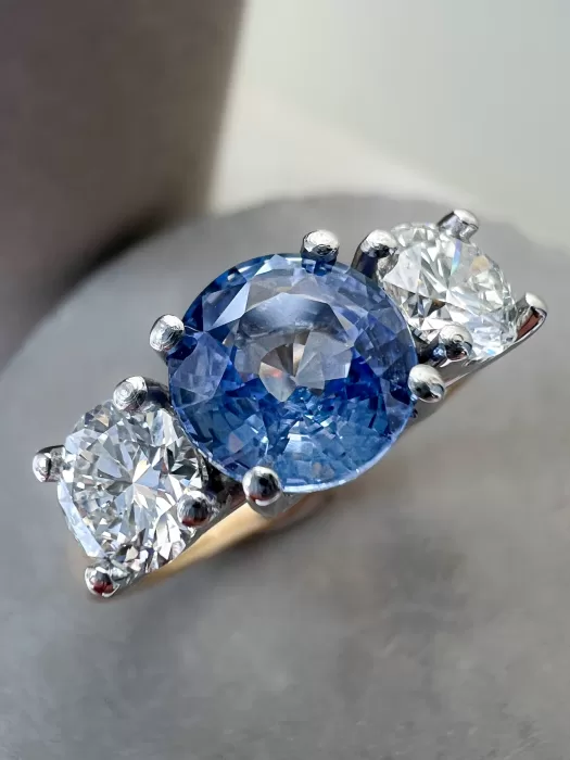 Sapphire Three Stone Bespoke Engagement Ring close up