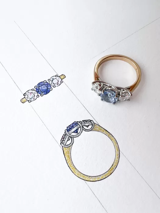 Sapphire Three Stone Bespoke Engagement Ring with sketch