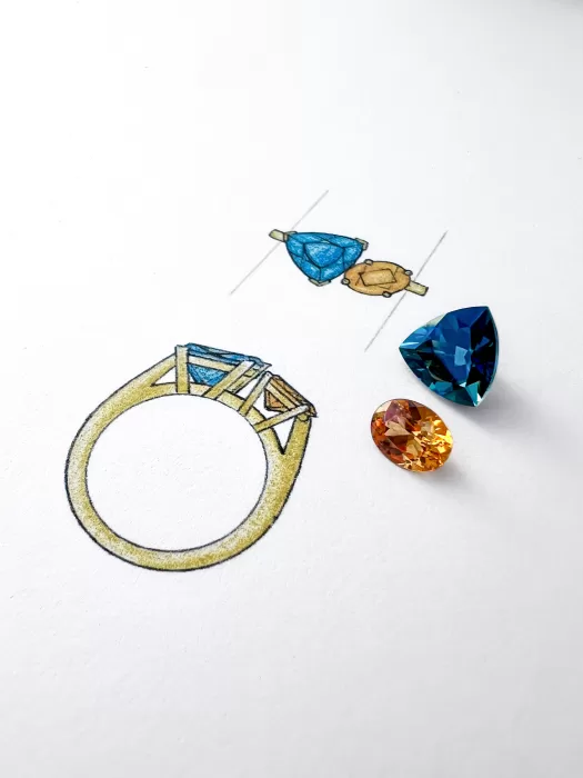 loose stones and sketch of Toi et Moi Custom Dress Ring