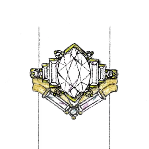 Bespoke Baguette Diamond Wedding Band and Marquise Diamond Engagement Ring